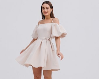 Cream Short Cocktail Dress with Puff Sleeves - Perfect for Graduation, Wedding Guests & Summer Parties