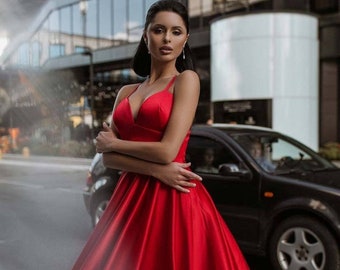 Red Satin Midi Dress: V-Neck Fit & Flare Party Dress