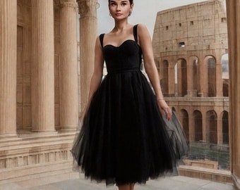 Black Midi Fit & Flare Dress: Sleeveless Corset Top, Wedding Guest Dress