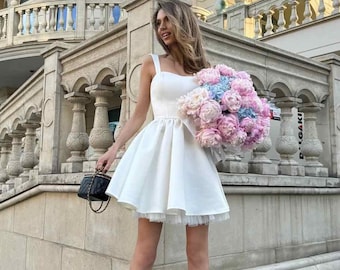OFF White Cocktail Dress for Weddings / Short off White Satin Cocktail Dress with Sweetheart Neckline and Wide Straps for Summer Weddings