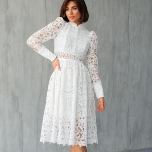 White Lace Midi Dress: Long Sleeve Cocktail Party Dress