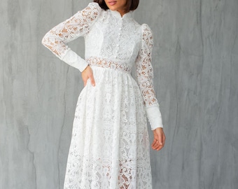 White Lace Midi Dress: Long Sleeve Cocktail Party Dress