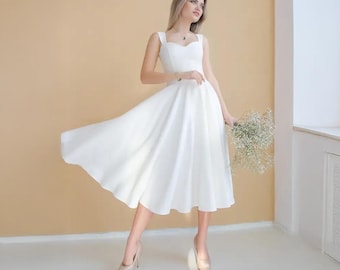 White Midi Wedding Dress: Beach, Graduation, or Rehearsal Dinner