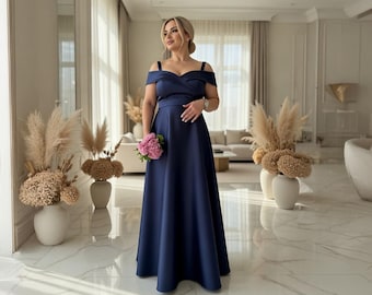 Blue Satin Maxi Dress with V-Neck and Spaghetti Straps for Evening Occasions