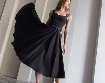 Versatile Black Midi Dress: Ideal for Cocktail Parties, Proms, and Wedding Guests / Elegant Fit & Flare Black Cocktail Dress