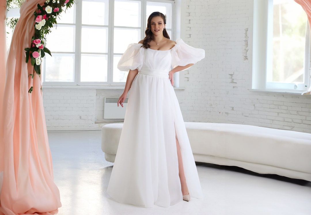 Plus Size Maxi Wedding Puff Sleeve White Dress With Slit / off the ...