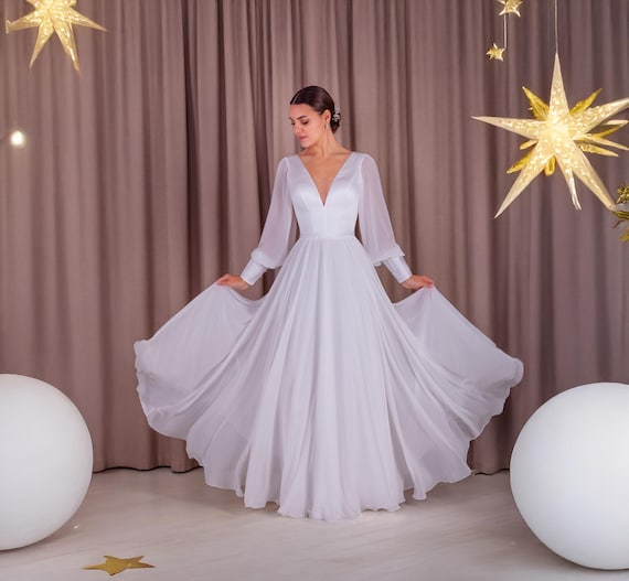 white a line maxi dress KissProm Vintage A-Line Long Satin Bateau-Neck Wedding Dress, White / 8 Half sleeves Strapless Mesh Insert A Line