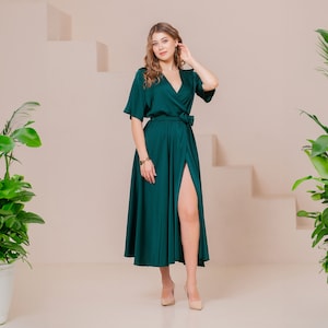 Emerald Green Cocktail Dress: Satin Midi Length Fit & Flare with Front Slit and Butterfly Sleeves / Сocktail dress wedding guest summer