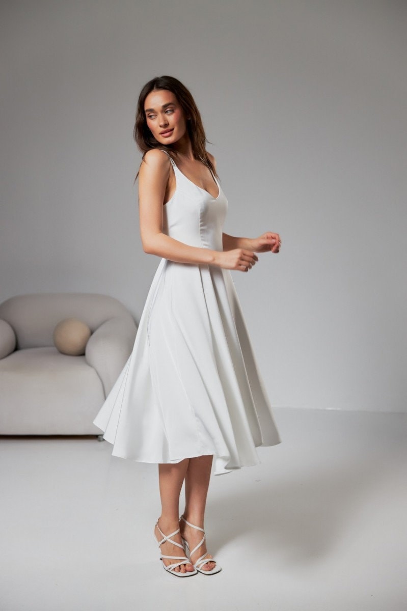 White Satin Midi Dress: Sleeveless V-Neck A-Line Cocktail Dress