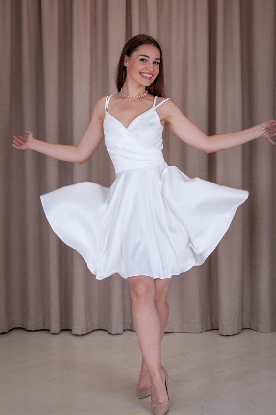 Satin V-neck Short White Dress: Summer Wedding