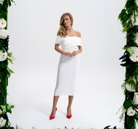 White Off-Shoulder Bodycon Midi Dress: Empire Waist Party Outfit