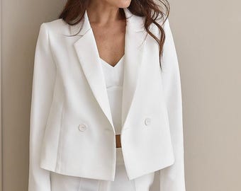 White Blazer for Women, Bridal Wedding Jacket, Double Breasted Blazer, Elegant Formal Jacket, Office Business Blazer, Women Suit Jacket