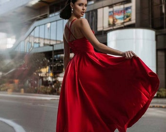 Red Satin Midi Dress: V-neck Fit & Flare Party Dress - Etsy