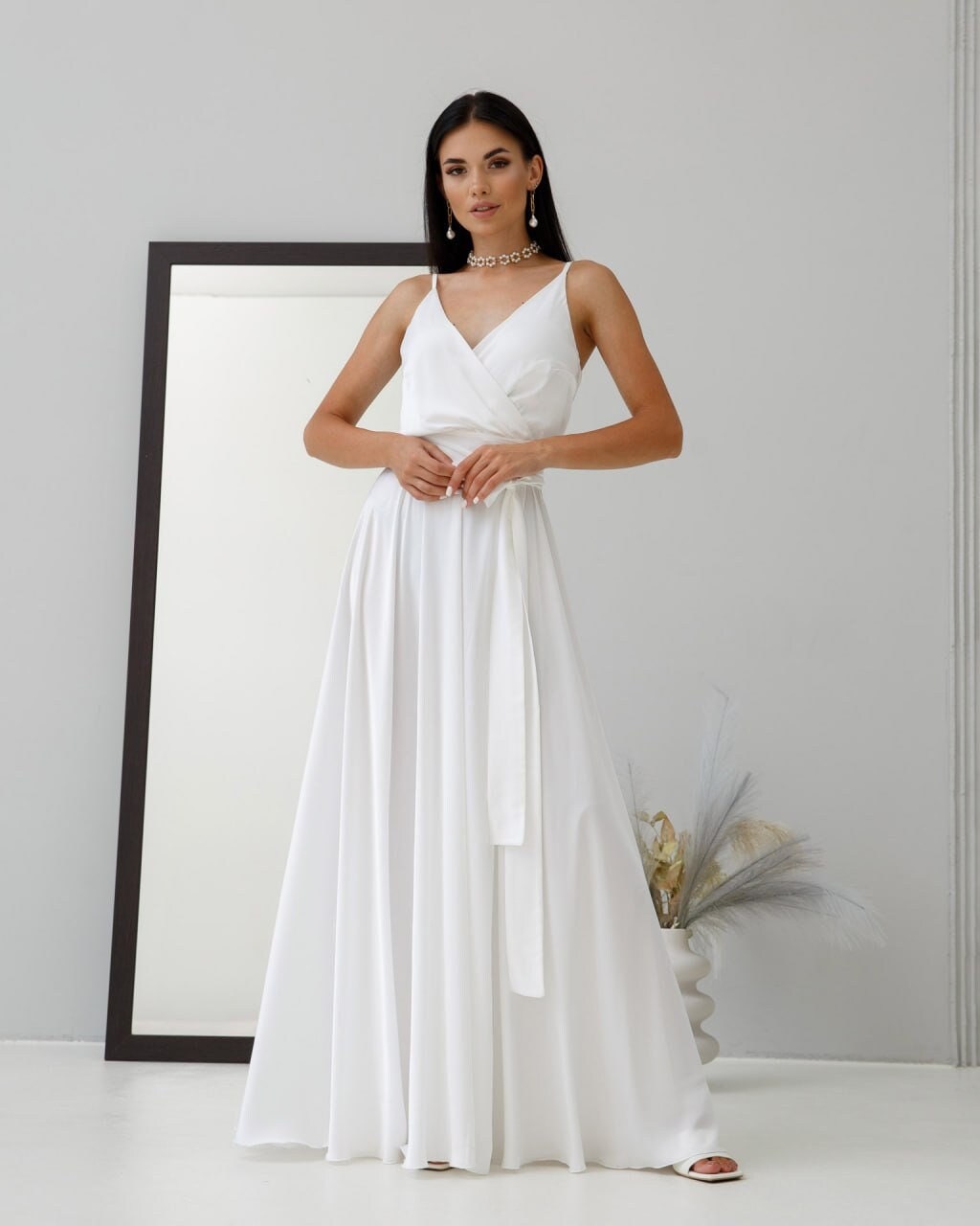 White Silk Maxi Dress: Spaghetti Strap V-Neck A-Line