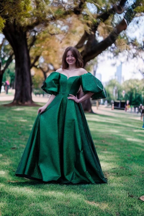 green emerald velvet dress Puffy Sleeves Prom Dresses Satin Long Off The Shoulder main image 0