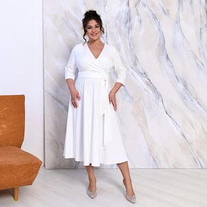 White Midi Cocktail Dress with 3/4 Sleeves - A-line V-neck Plus Size / Bridal White A-line Midi Dress for Weddings and Cocktail Parties