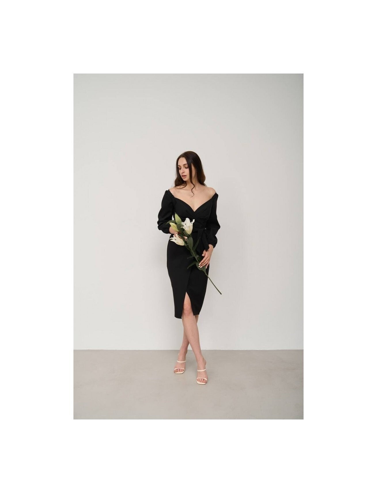 Plus size Black Sheath Midi Dress with Sweetheart Neckline and 3 4 Sleeves Perfect for Bridesmaids or Formal Occasions
