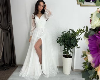 Off-White Chiffon Maxi Wedding Dress: Long Sleeve A-Line with Side Slit