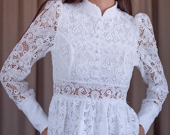 White Lace Midi Cocktail Dress with Long Lantern Sleeves for Weddings or Engagements