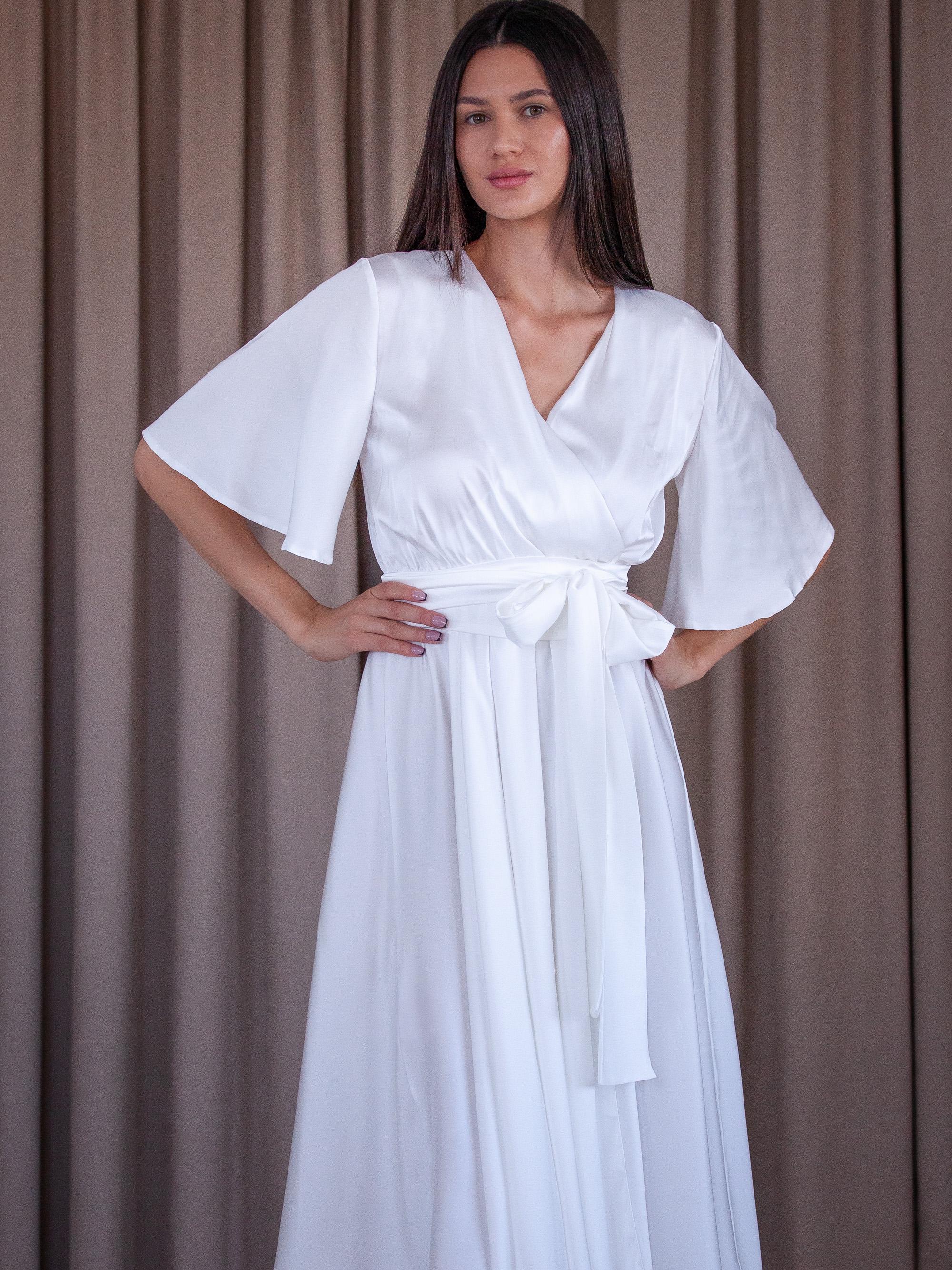 White Silk Wrap Dress with A-line Silhouette and Butterfly Sleeves for Bridal or Engagement Parties