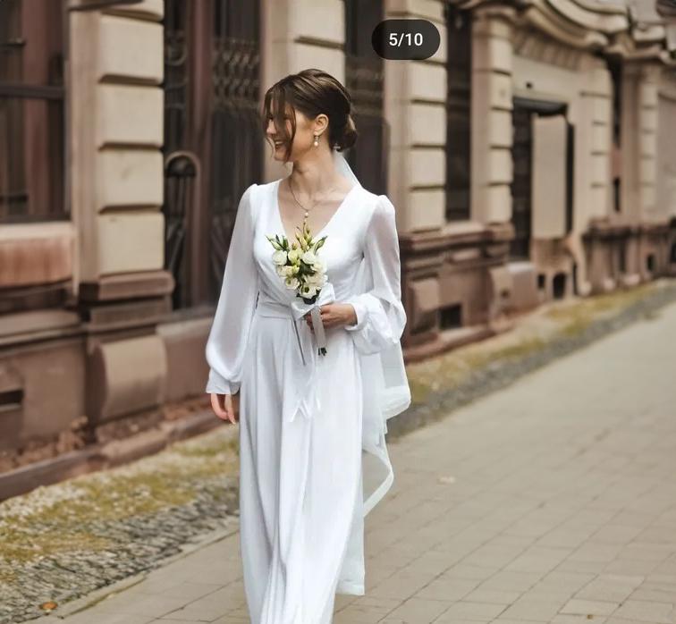 Shiny Elegant White Maxi Dress with Empire Waist, Sheer Sleeves and Side Slit for Bridal Engagement / Simple White Dress for Wedding