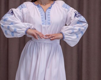 White A-Line Midi Cotton Dress with Floral Embroidery and Long Lantern Sleeves