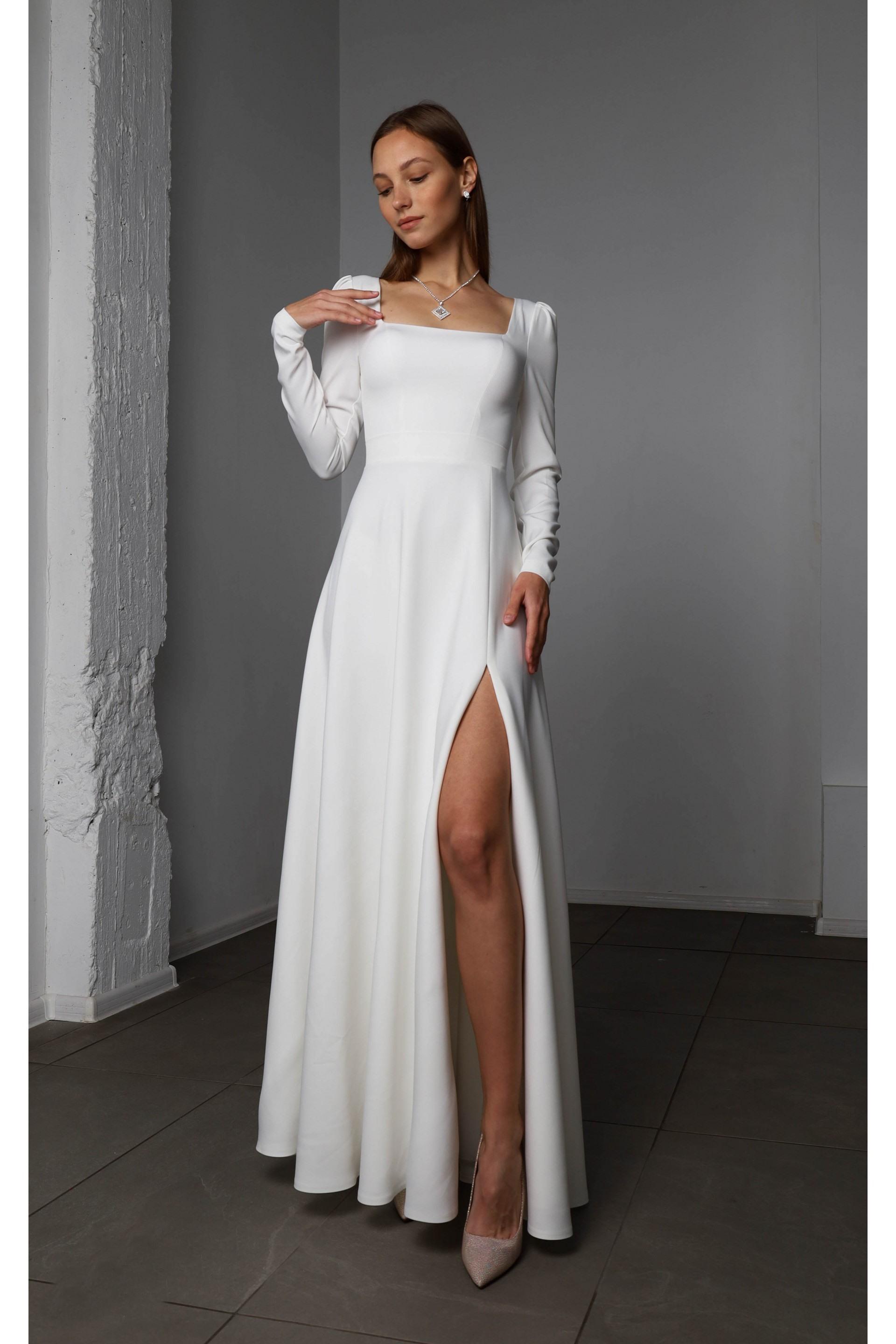 White Maxi Dress: Long Sleeve A-line Gown With Slit - Etsy