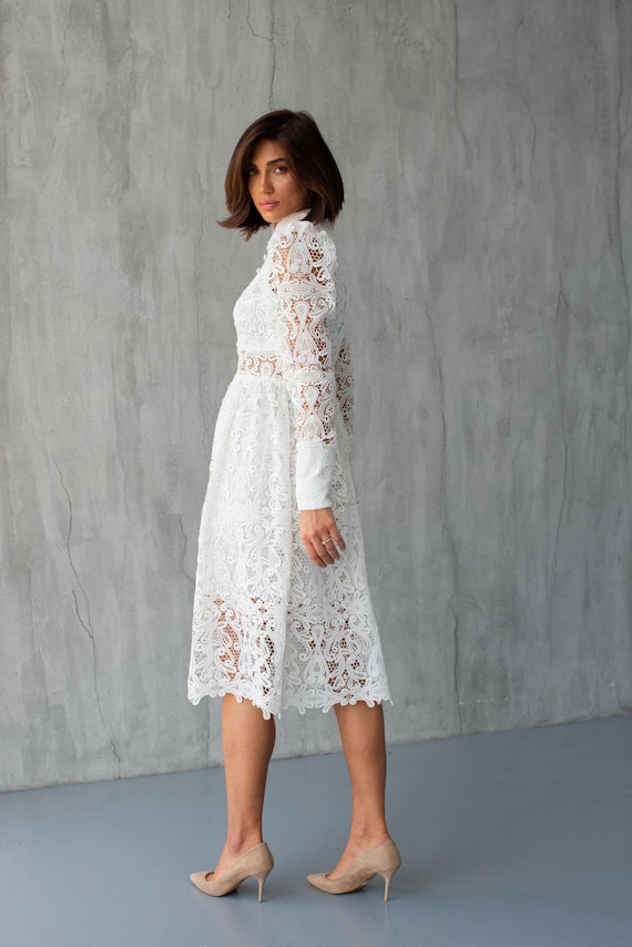 White Lace Midi Dress: Long Sleeve Cocktail Party Dress