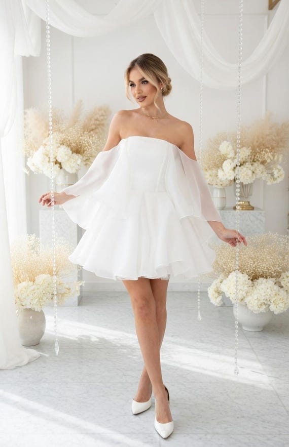 white cocktail dress off the shoulder – Mini Dress With Chic Sheer Sleeves, Perfect for Summer Parties & Graduations CAROLINE SUITS Women's Elegant Zuri Prom dress consider sizing up for Color:darknavy
