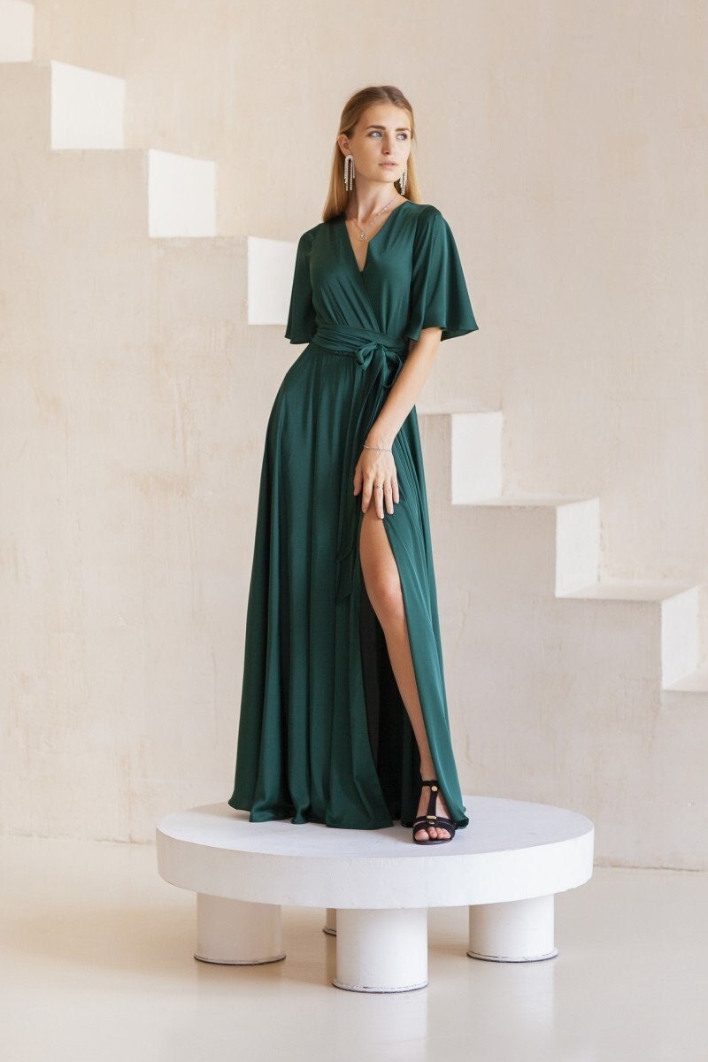 Emerald Green Silk Maxi Dress: Elegant Wrap Gown with Butterfly Sleeves Emerald Green Silk Maxi Dress: Elegant Wrap Gown with Butterfly Sleeves