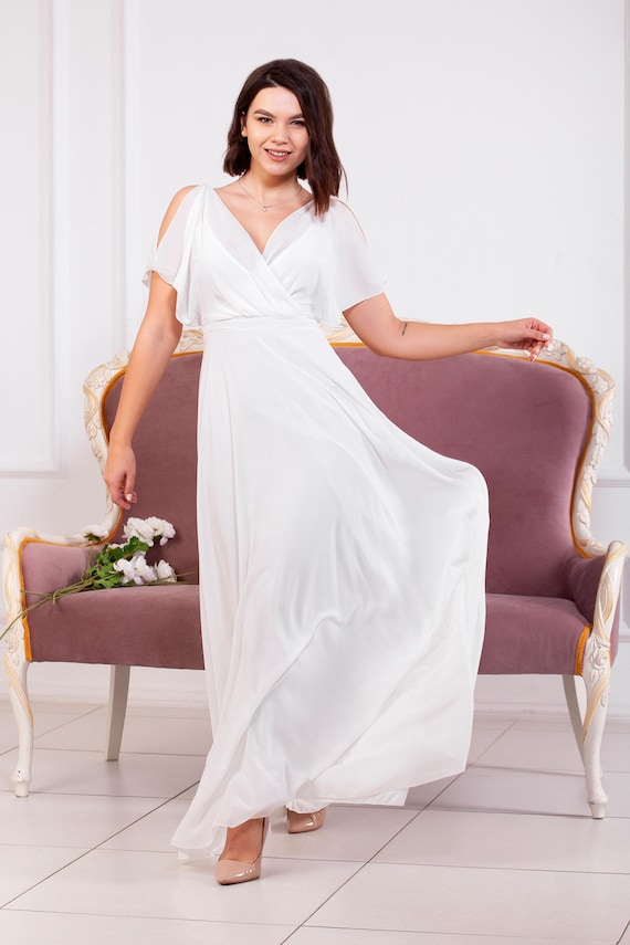 white dresses floor length Rachel Allan RB2213 Long Bridal Gown Simple Wedding Dress 16 Occasion White Chiffon Wedding Dress: Floor