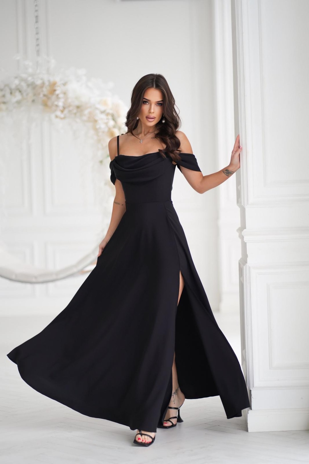 Vestito Nero Lungo Abito Spalline Sottili Abito Nero Abito Lungo