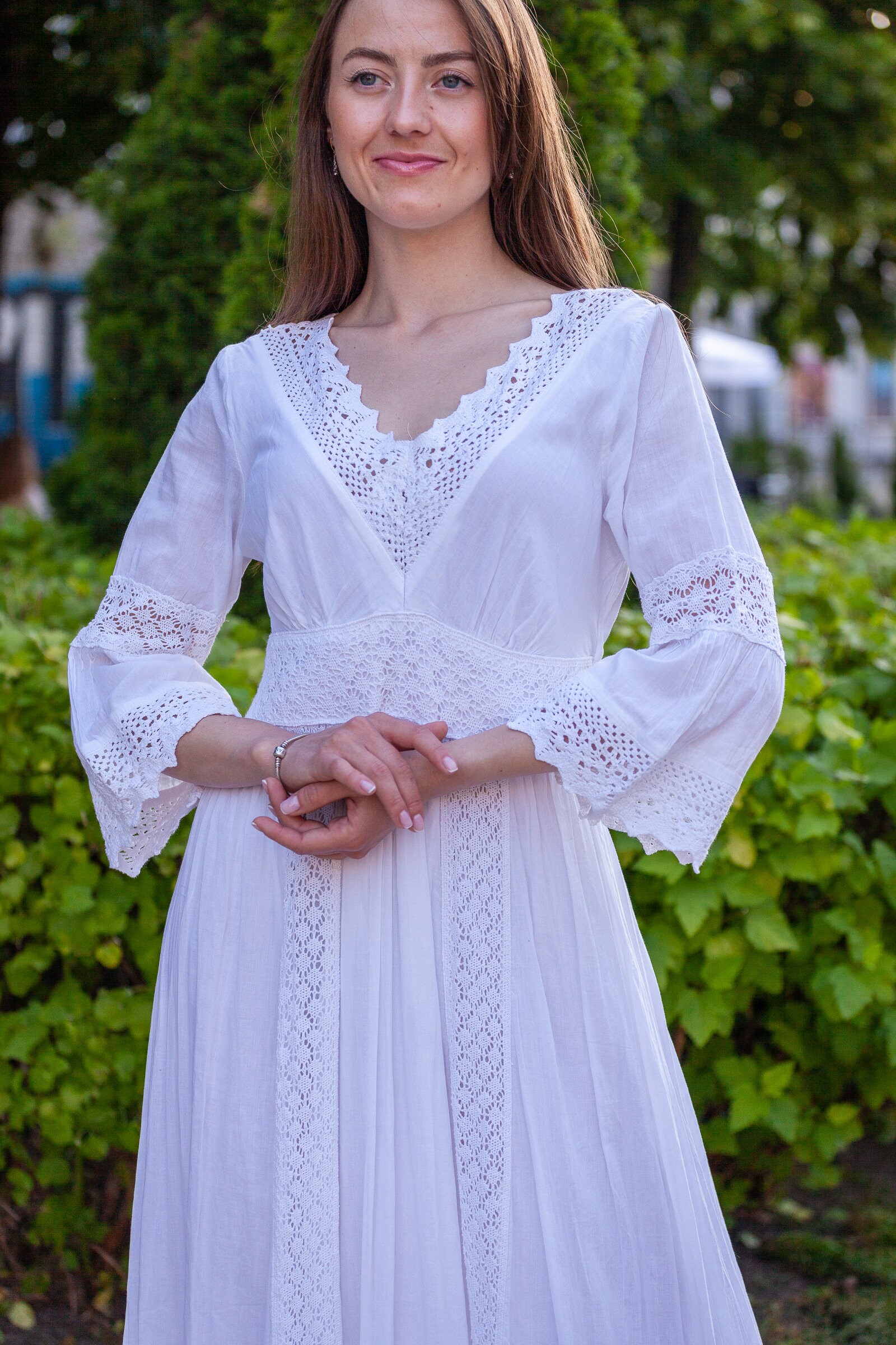 Charming Long Sleeve White Cotton Longsleeved Dress With Elegant Lace