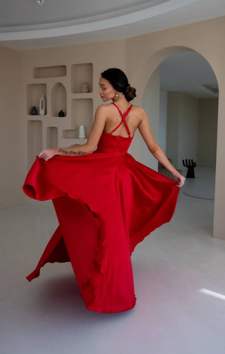 Red Satin A-line Maxi Dress: V-neck Prom or Wedding Guest - Etsy