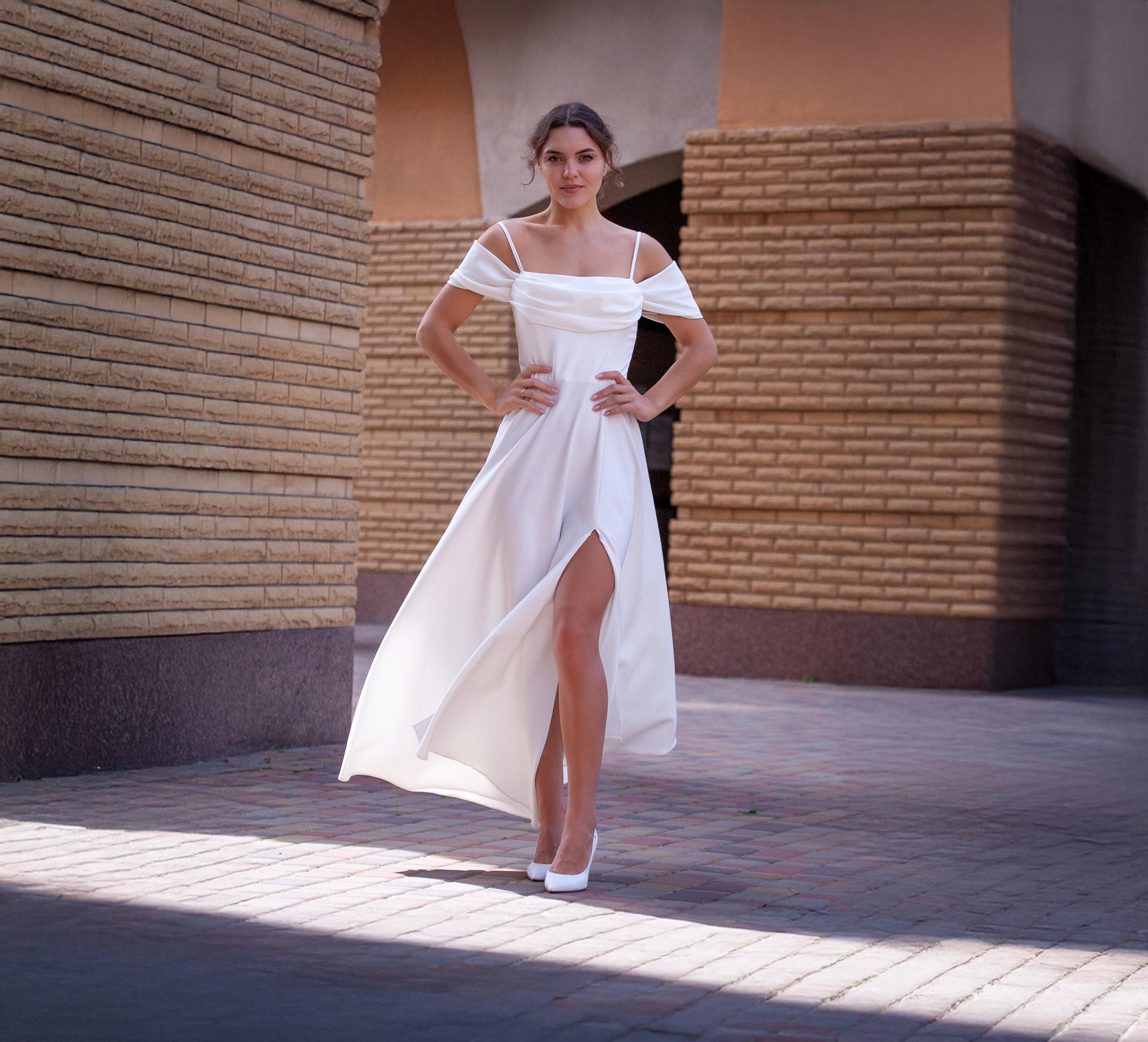 white dress semi formal Long With Off-shoulder Draped Neckline, Thin Straps and Slit Fashion Newest Prom Dresses