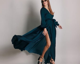 Emerald Green Silk Maxi Dress: V-Neck Lantern Sleeve Wrap