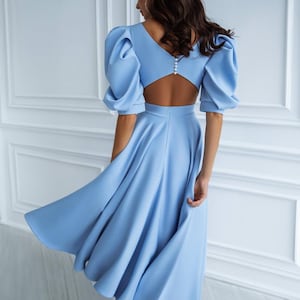 Light Blue Fit & Flare Midi Dress with Puff Sleeves and Cut Out Back for Cocktail Parties, or Birthday Party, Perfect for  Wedding Guest