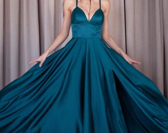 Evening Formal Emerald Green Satin Slit Maxi Dress with Cups: A-Line, Spaghetti Strap Formal Gown