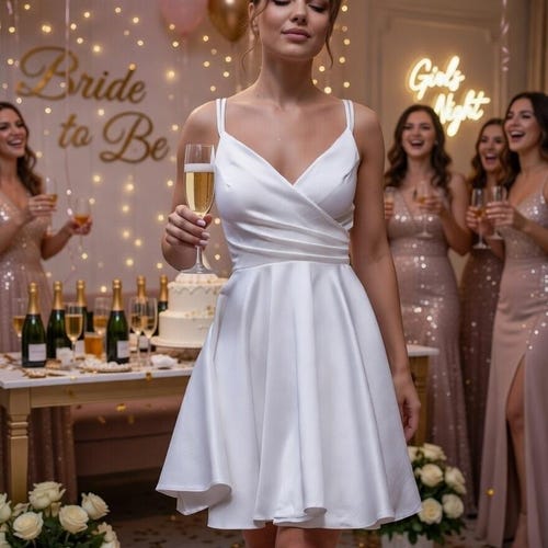 Satin V-Neck Short White Dress: Summer Wedding, Prom