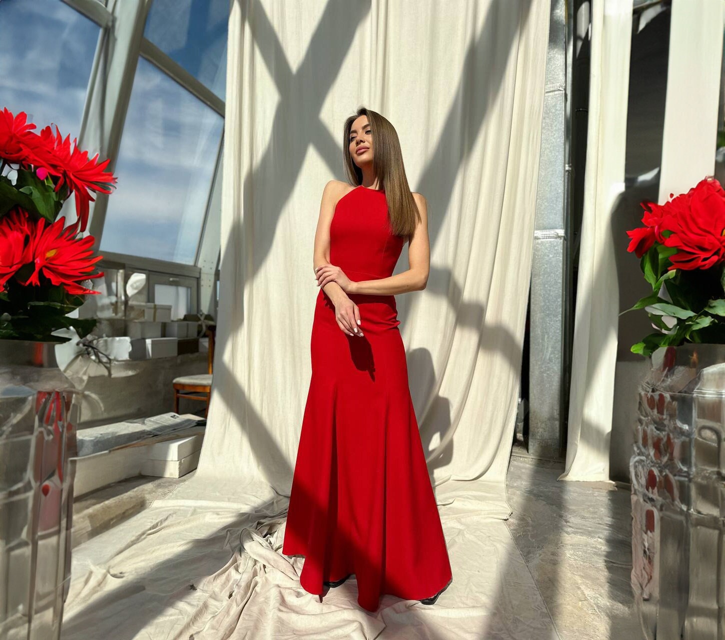 Red Halter Neck Bodycon Maxi Dress: Sleeveless Cocktail Prom Dress