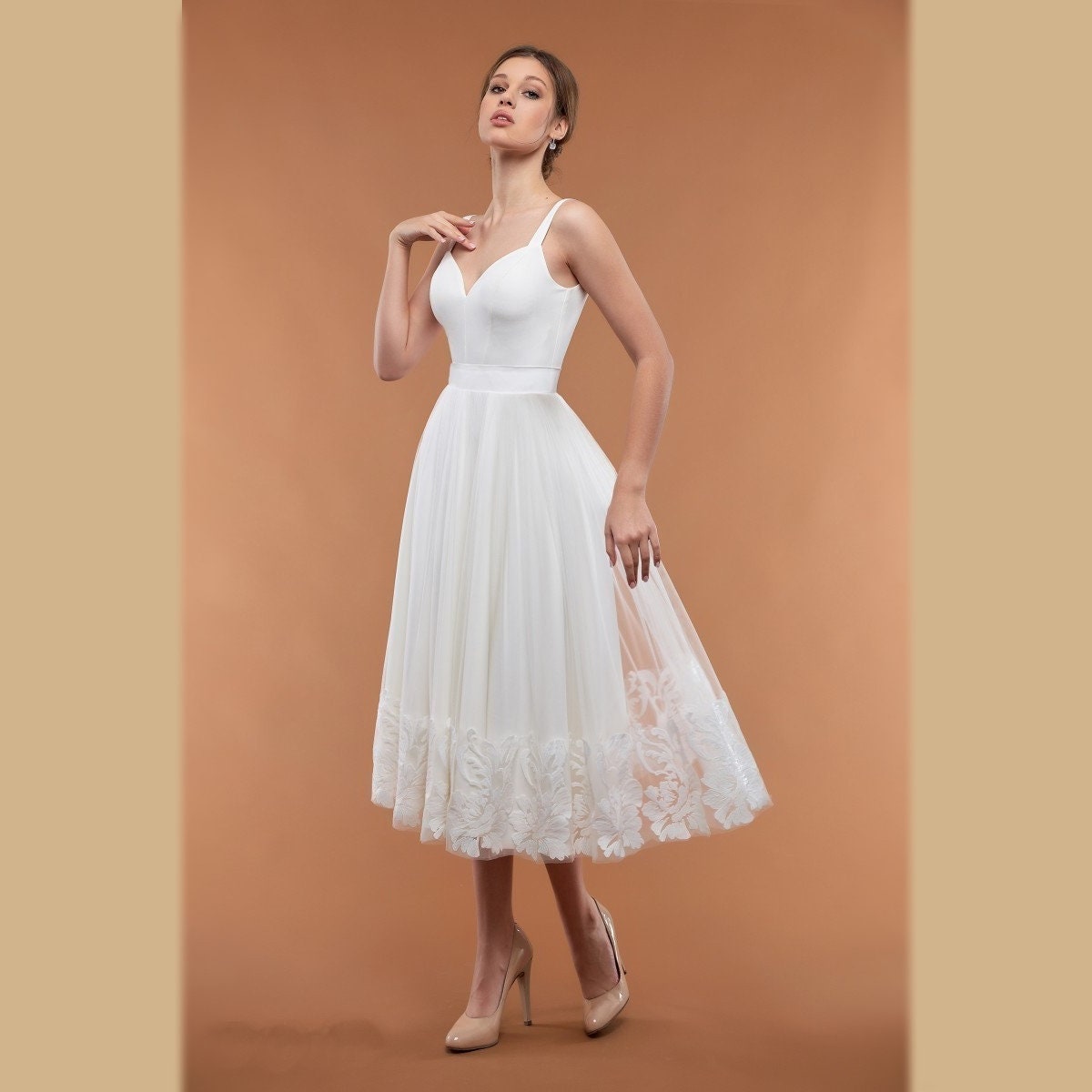 White Elegant Midi Dress / Short Sleeve Wedding Dress / White Etsy