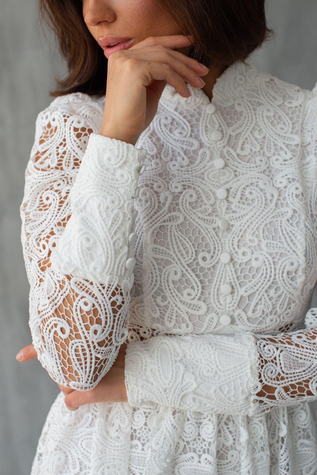 White Lace Midi Dress: Long Sleeve Cocktail Party Dress