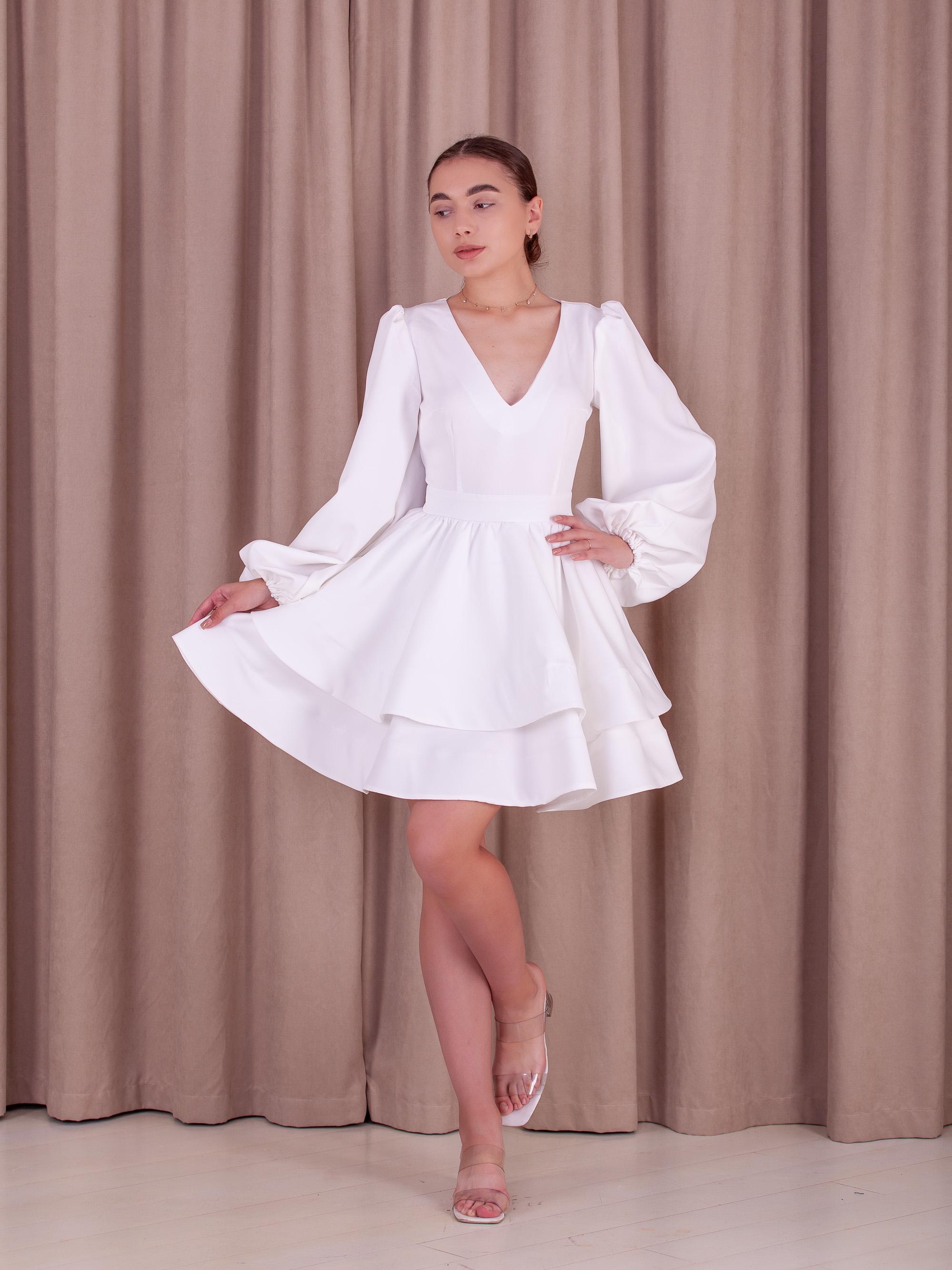 White A-Line Cocktail Dress, V-Neck Lantern Sleeves White A-Line Cocktail Dress, V-Neck Lantern Sleeves