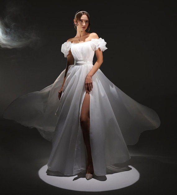 a line maxi dress for wedding Off White A-line Maxi Wedding Dress With High Slit and Puff Sheer Sleeves