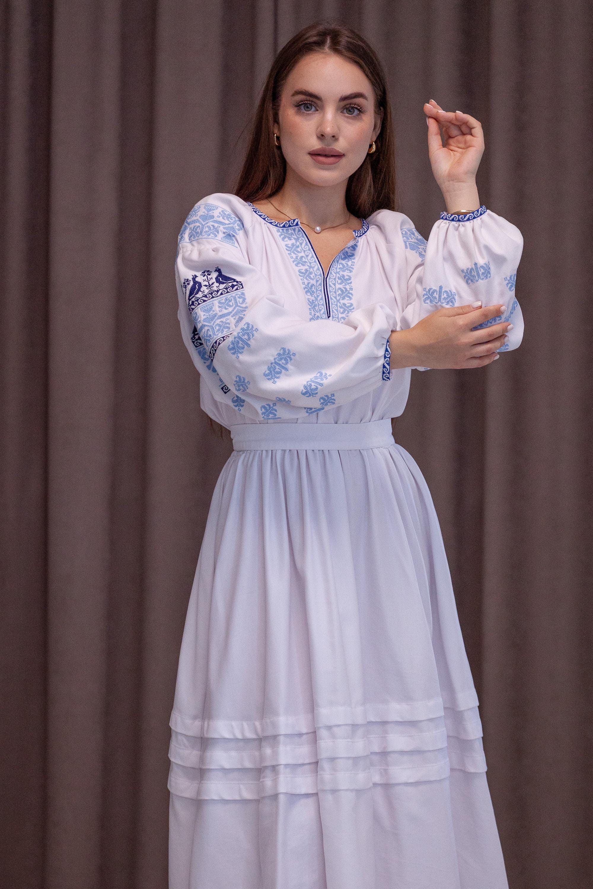White A-Line Midi Cotton Dress with Floral Embroidery and Long Lantern Sleeves
