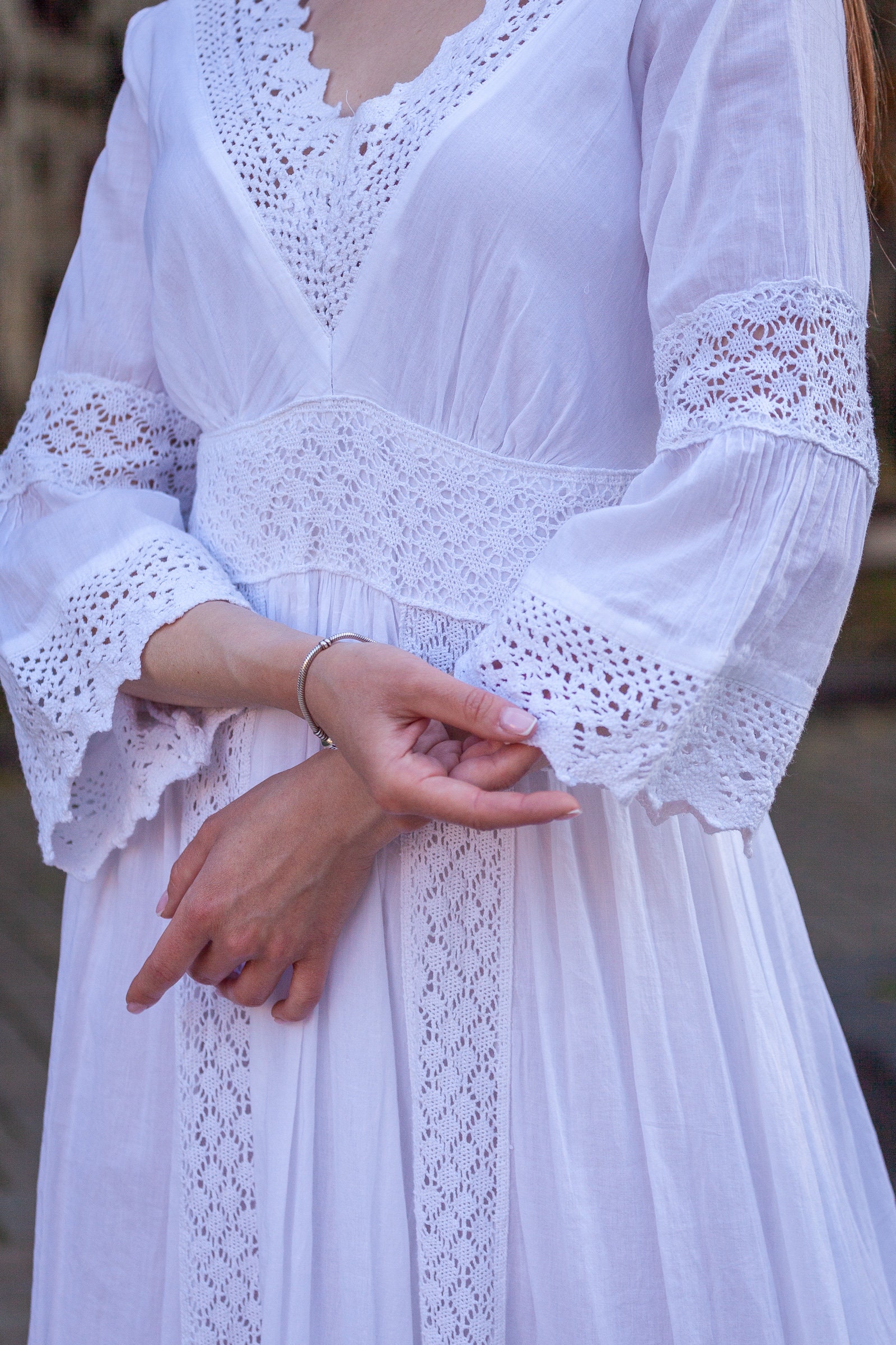 Charming Long Sleeve White Cotton Longsleeved Dress With Elegant Lace