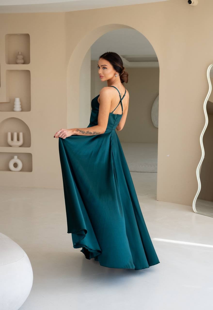 Emerald Green Satin Maxi Dress: V-Neck A-Line Gown with Slit