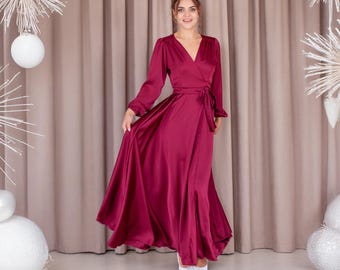 Satin Burgundy Evening Maxi Dress with Long Sleeves and Natural Waistline for Formal Events in Summer, Spring, Autumn