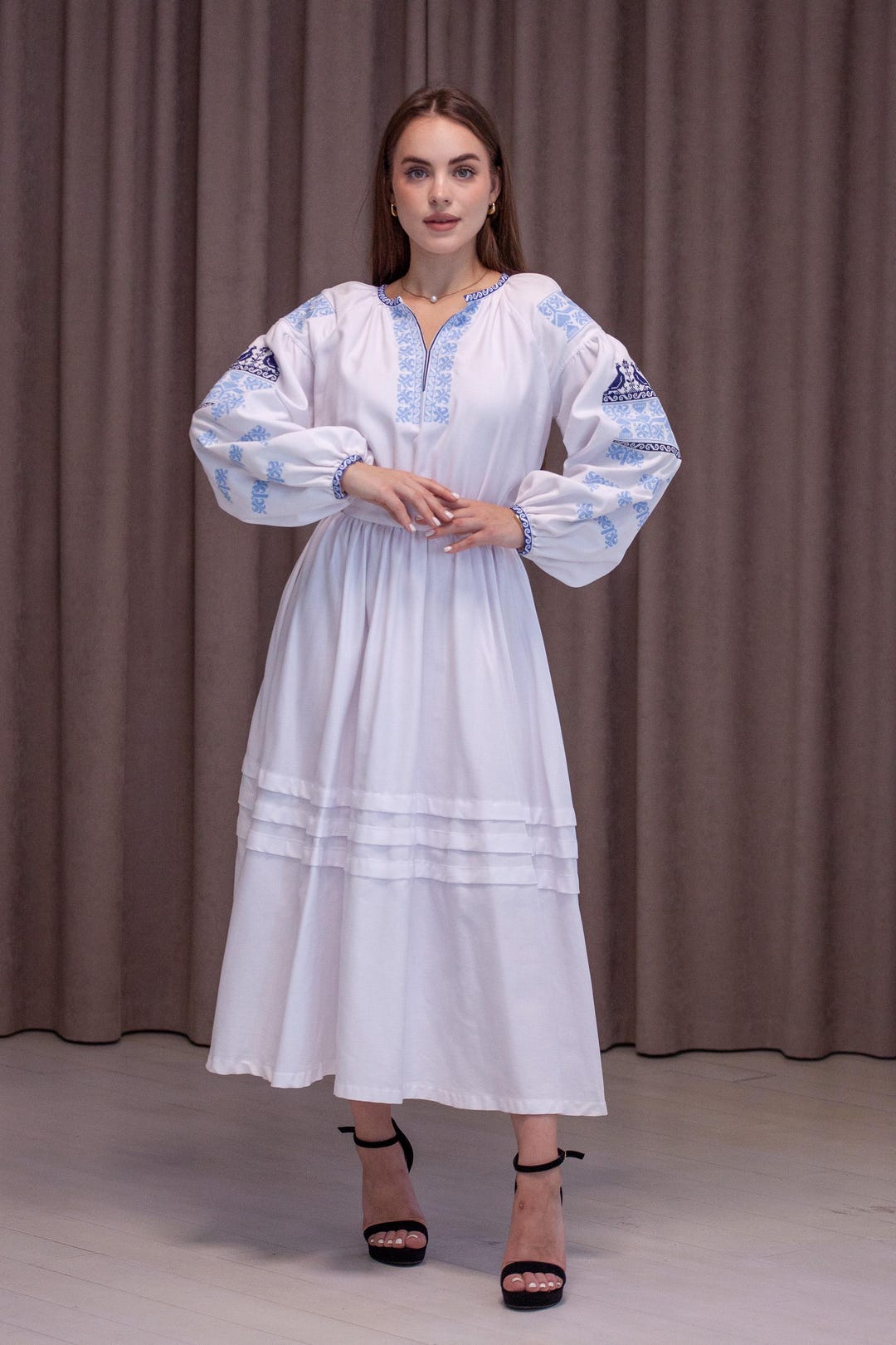 White A-Line Midi Cotton Dress with Floral Embroidery and Long Lantern Sleeves White A-Line Midi Cotton Dress with Floral Embroidery and Long Lantern Sleeves