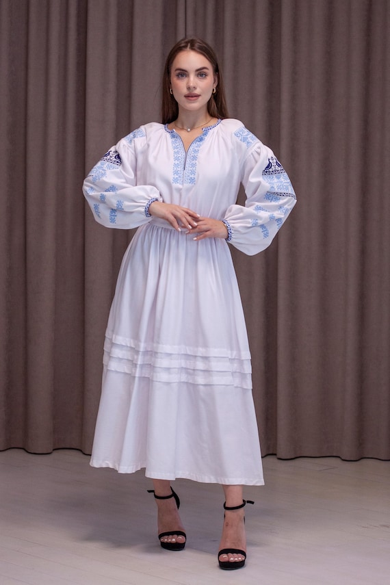 White A-Line Midi Cotton Dress with Floral Embroidery and Long Lantern Sleeves